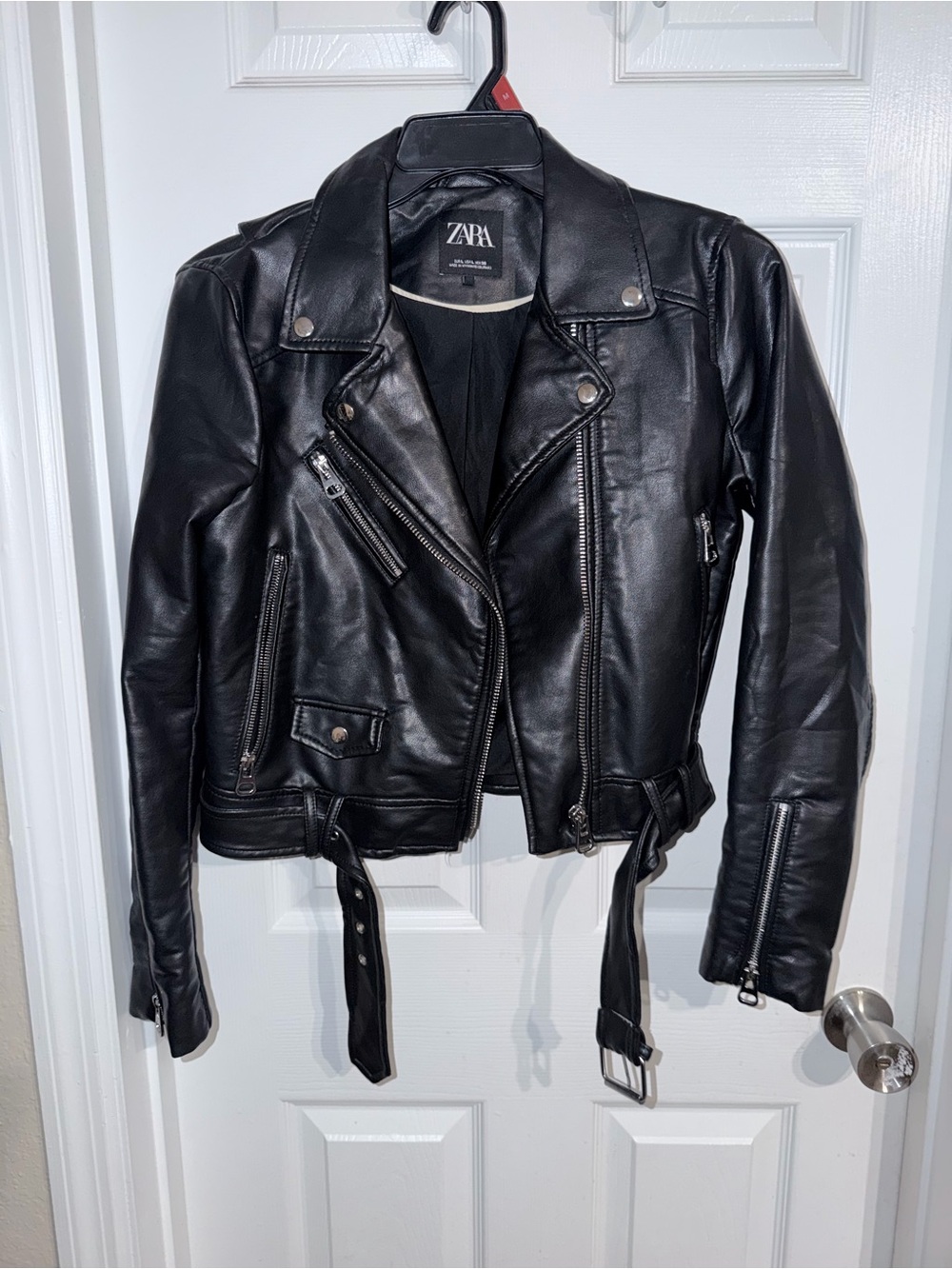 Zara Black Faux Leather Moto Jacket with Belt